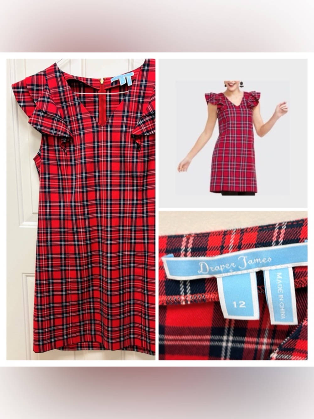 Draper James Red Plaid Ruffle Sleeve Shift Dress